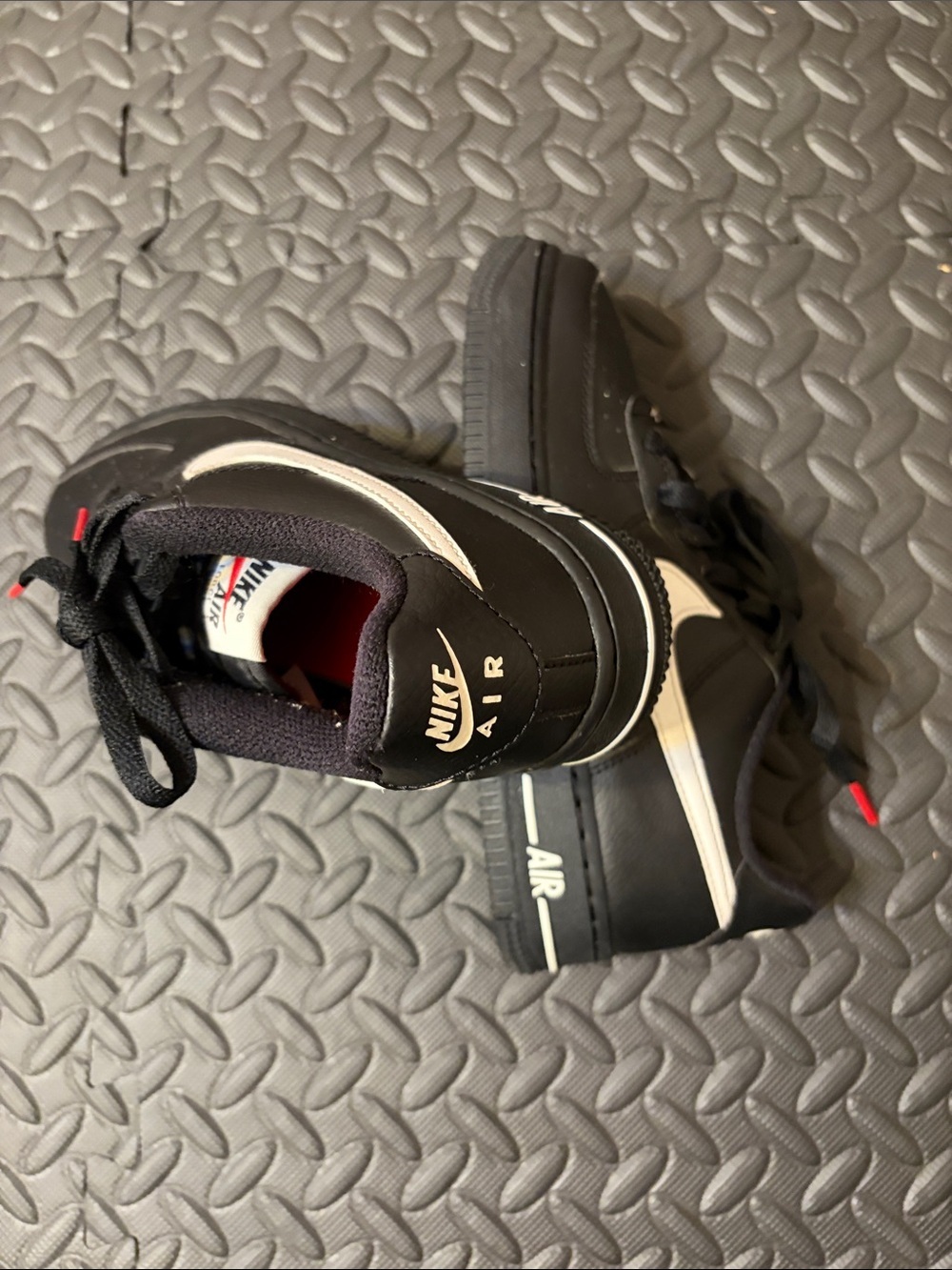 Nike Air Force 1 Low Kids Black Sneakers with White Swoosh and Red Interior - Picture 4 of 13